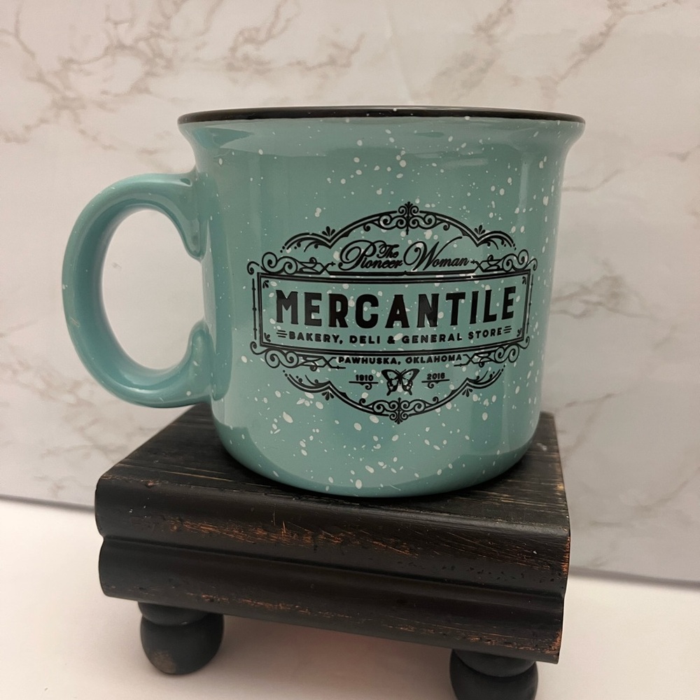 Pioneer Woman Teal speckled mercantile coffee mug from her store in Pawhuska,OK